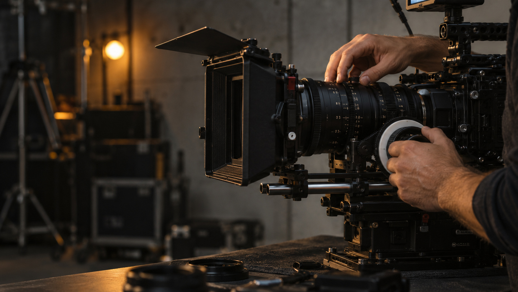 Composição cinematográfica de uma câmera em um set